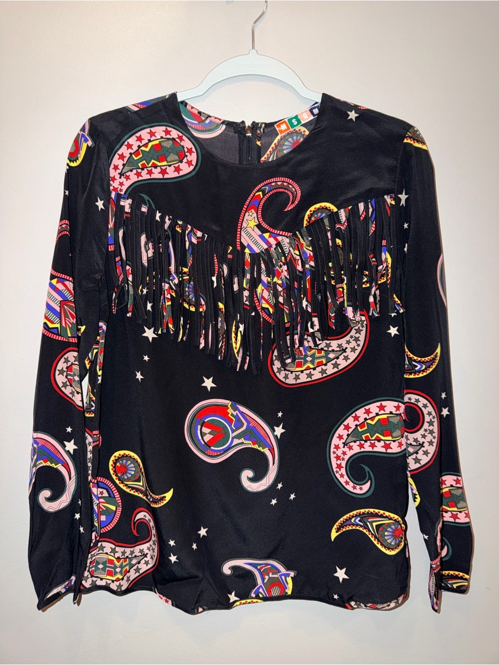 MSGM 100% silk Black Paisley Fringe Long-Sleeve Blouse IT 40 western chic